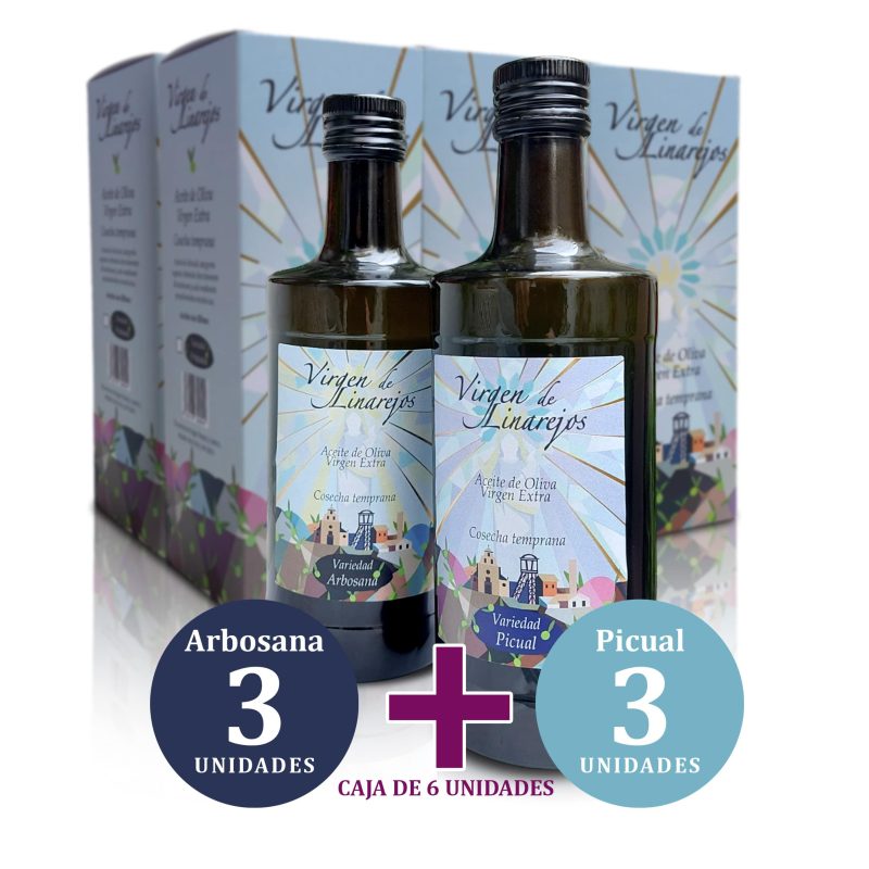 AOVE Cosecha Temprana, 3 unidades variedad Picual + 3 unidades variedad Arbosana <b>Caja 6 Unidades</b><em>9€/unidad</em>