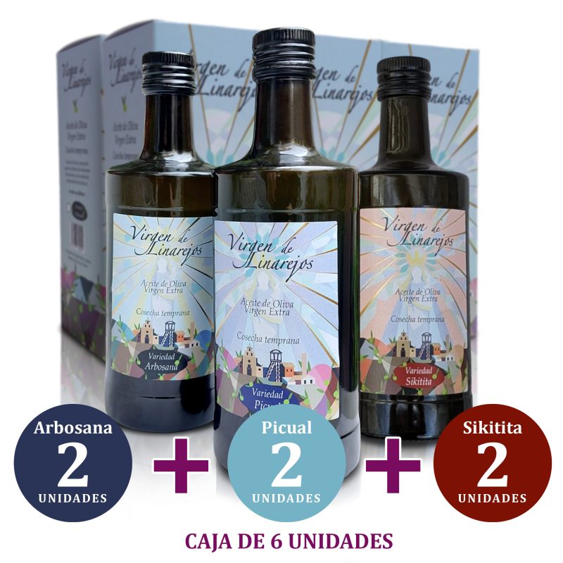 AOVE Cosecha Temprana, 2 unidades variedad Picual + 2 unidades variedad Arbosana + 2 unidades variedad Sikitita <b>Caja 6 Unidades</b><em>9€/unidad</em>